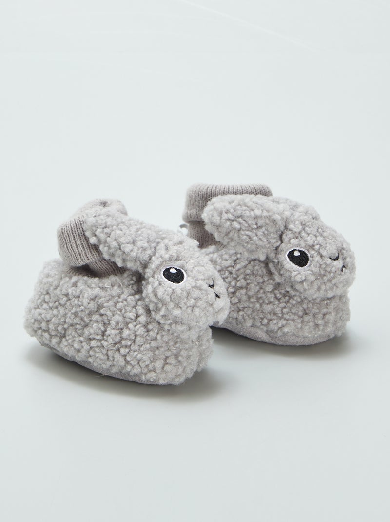 Sloffen met schapenvacht effect met dierenprint GRIJS - Kiabi