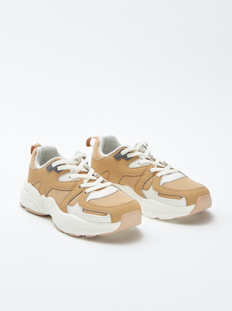 Sneakers van imitatieleer en mesh BIEGE - Kiabi