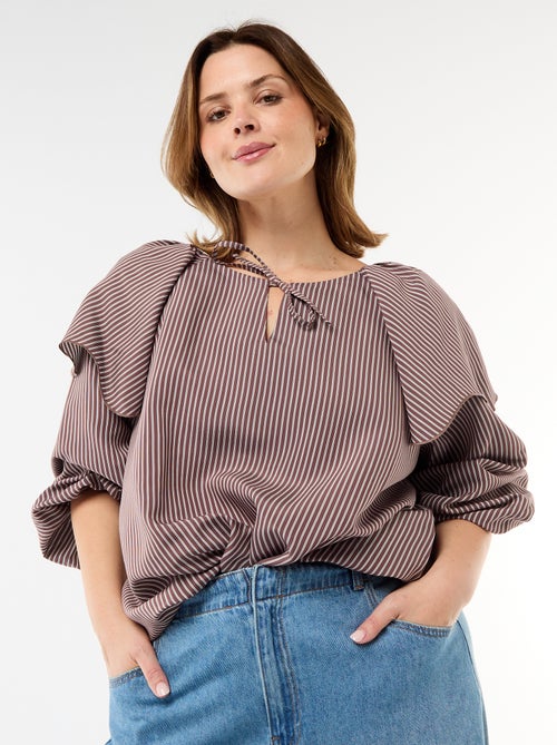 Soepele blouse met lange mouwen en brede kraagruffel - Kiabi