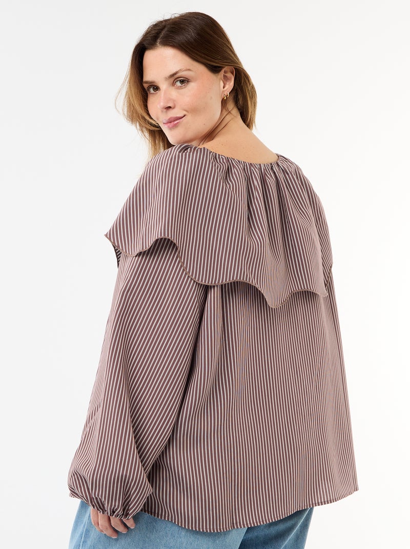 Soepele blouse met lange mouwen en brede kraagruffel Bruin - Kiabi