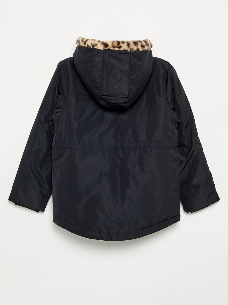 Soepele parka met capuchon en imitatiebont Zwart - Kiabi