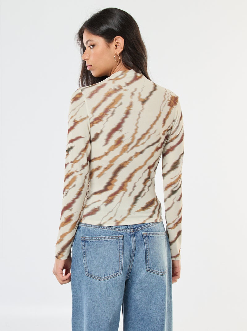 Soepelvallend T-shirt met opstaande kraag en motiefje Biege - Kiabi