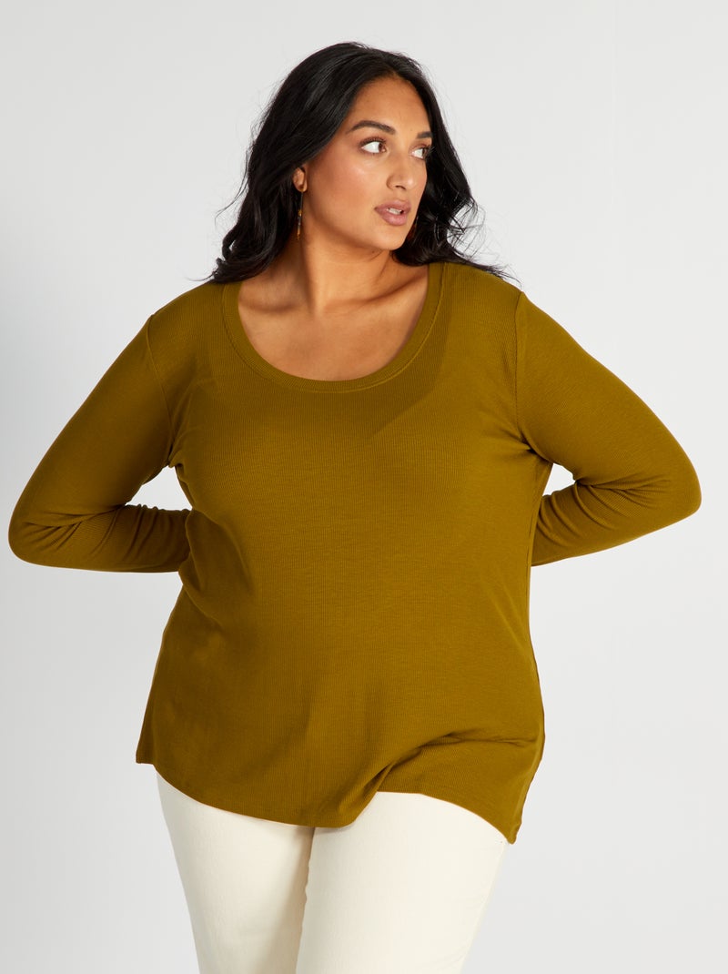 Soepelvallend T-shirt met ribtextuur en brede halslijn GROEN - Kiabi