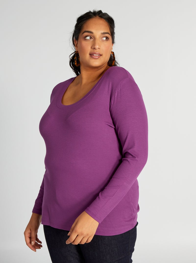 Soepelvallend T-shirt met ribtextuur en brede halslijn paars - Kiabi