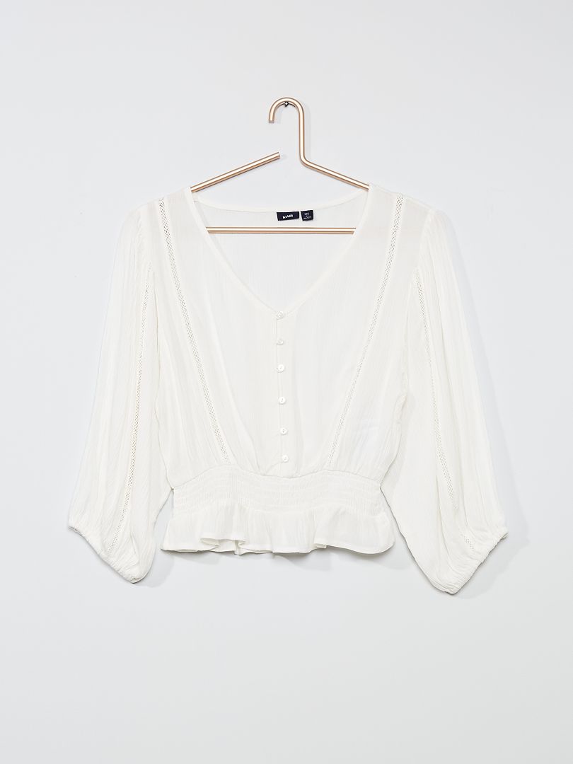 Soepelvallende blouse met smokwerk sneeuw wit - Kiabi