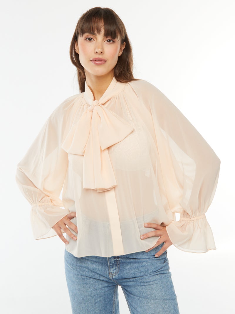 Soepelvallende blouse met strikkraag en ruchemouwen Biege - Kiabi