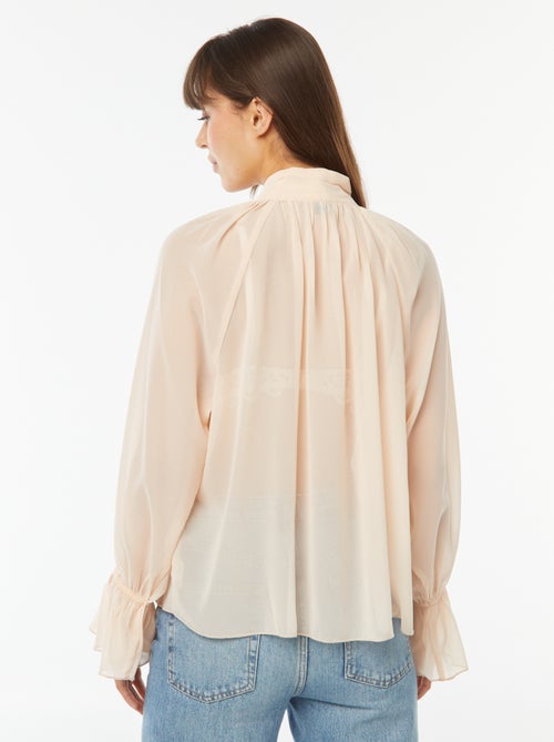 Soepelvallende blouse met strikkraag en ruchemouwen - Kiabi