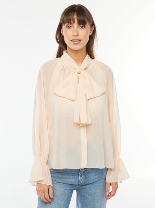 Soepelvallende blouse met strikkraag en ruchemouwen - Kiabi