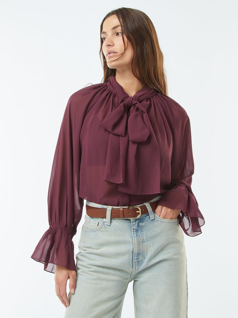 Soepelvallende blouse met strikkraag en ruchemouwen Rood - Kiabi