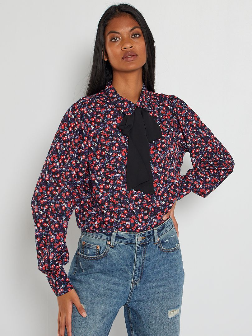 Soepelvallende blouse met strikkraag 'JDY' ZWART - Kiabi