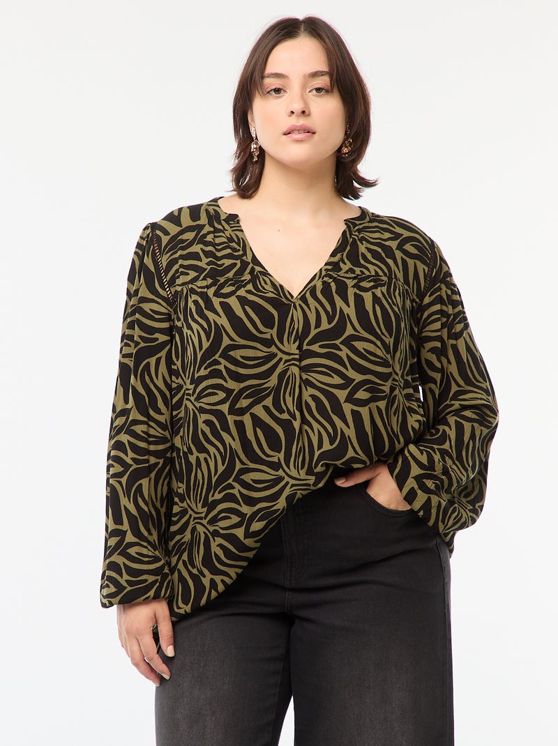 Soepelvallende blouse van kreukeltricot met print Groen - Kiabi