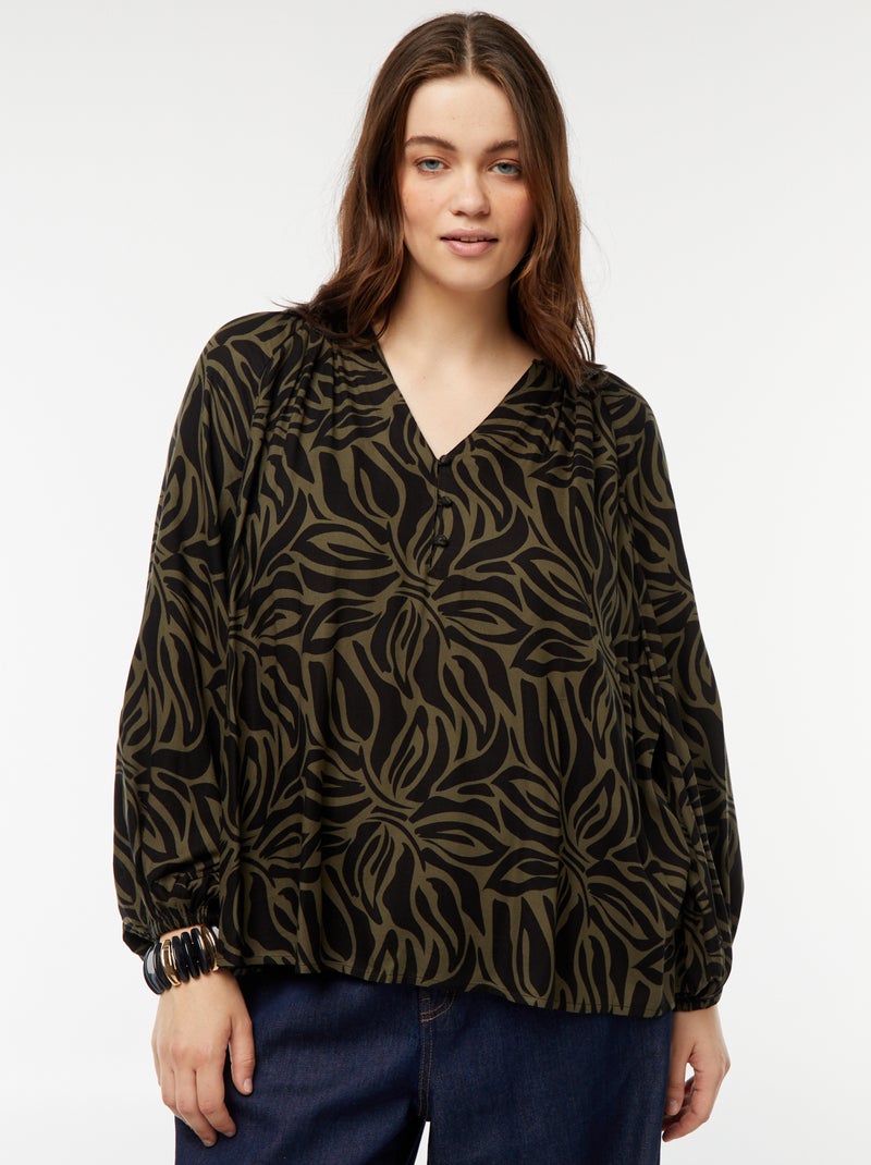 Soepelvallende blouse van kreukeltricot met print Groen - Kiabi