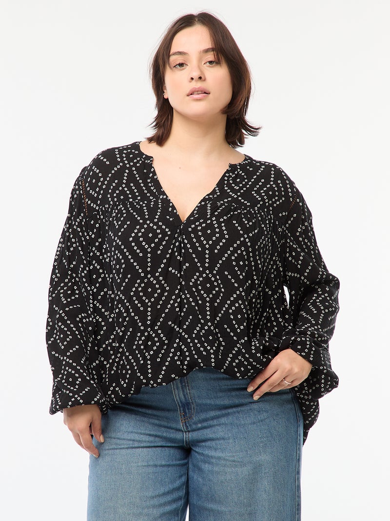 Soepelvallende blouse van kreukeltricot met print Zwart - Kiabi