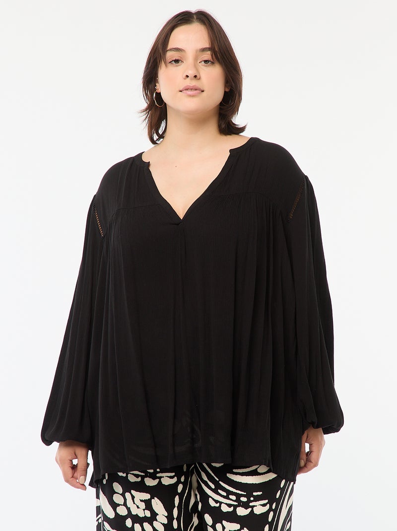 Soepelvallende blouse van kreukeltricot met print zwart - Kiabi