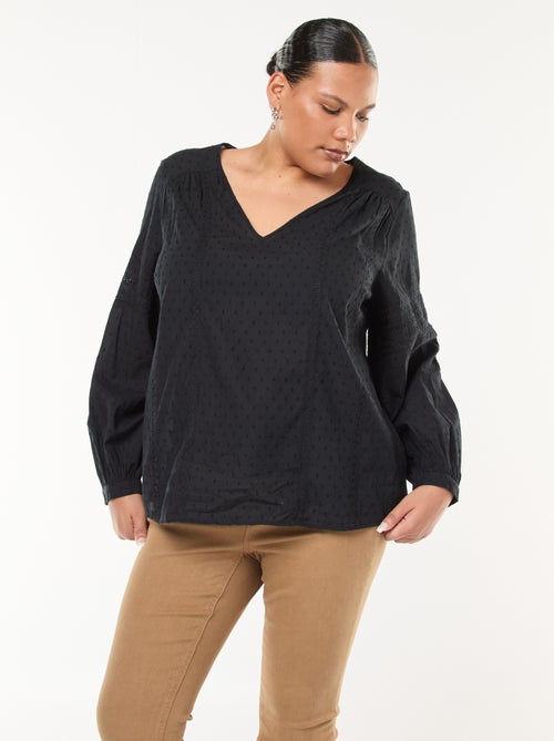 Soepelvallende, effen top met plumetisborduursel en ajourmotiefje - Kiabi