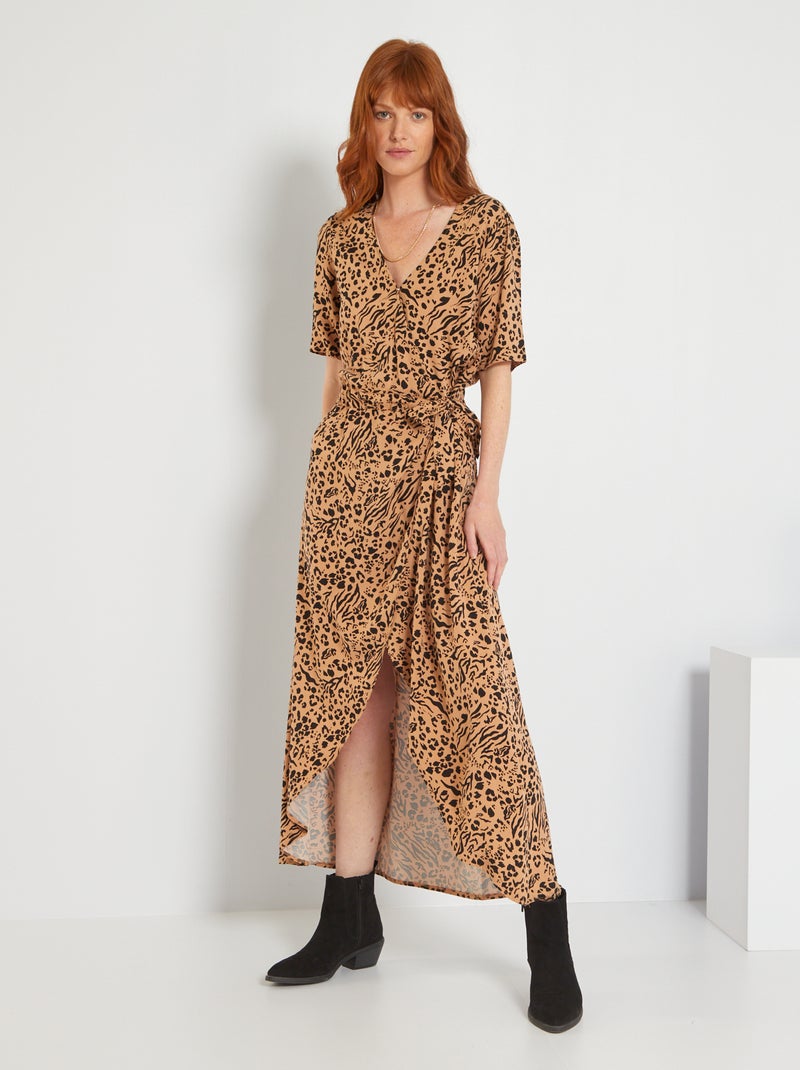 Soepelvallende, halflange jurk met luipaardprint BIEGE - Kiabi