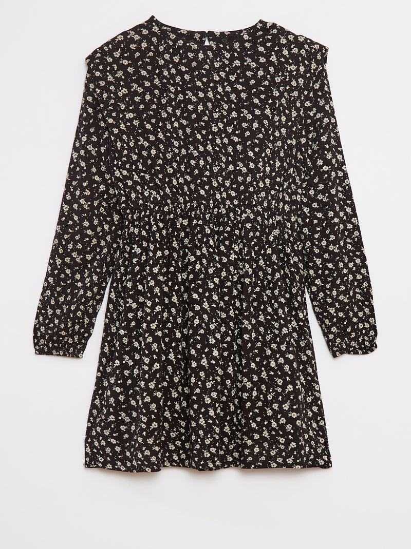 Soepelvallende jurk van kreukeltricot met bloemmotief Zwart - Kiabi