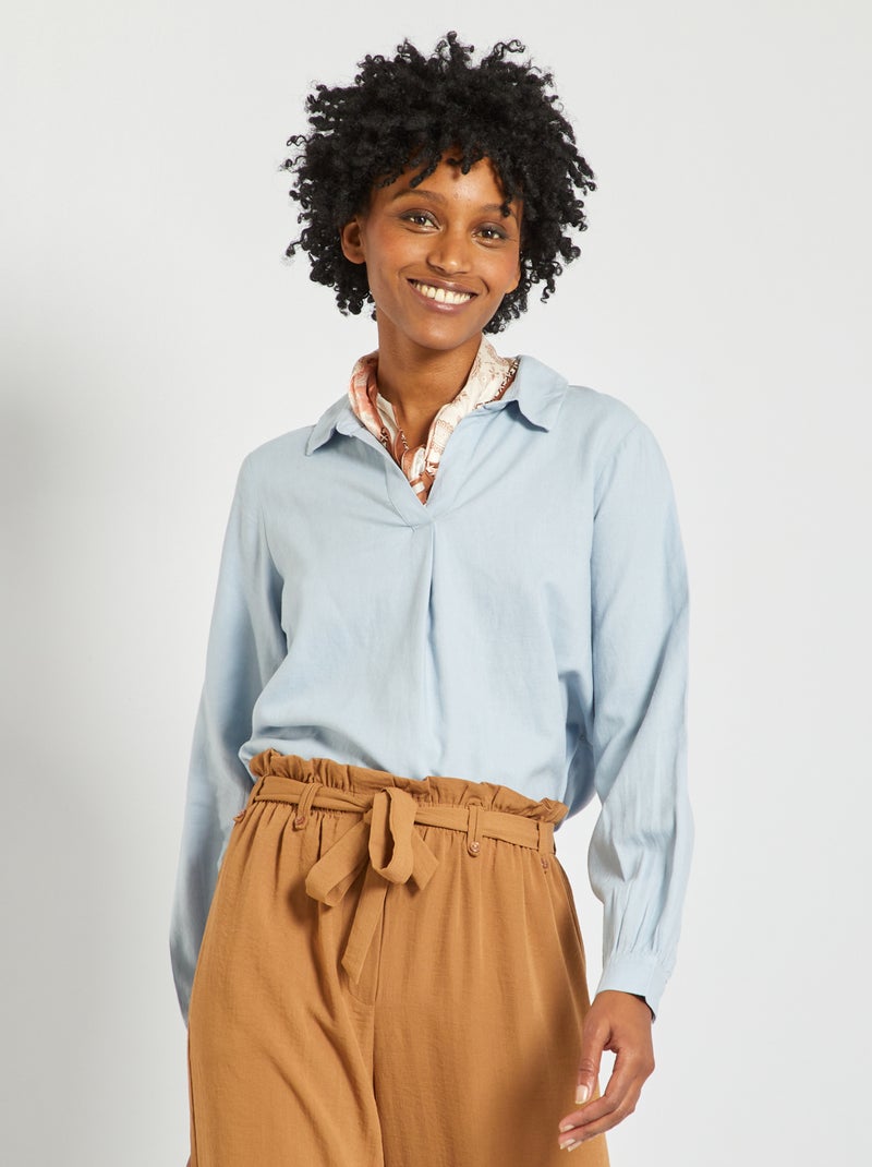 Soepelvallende, linnen blouse blauw grijs - Kiabi