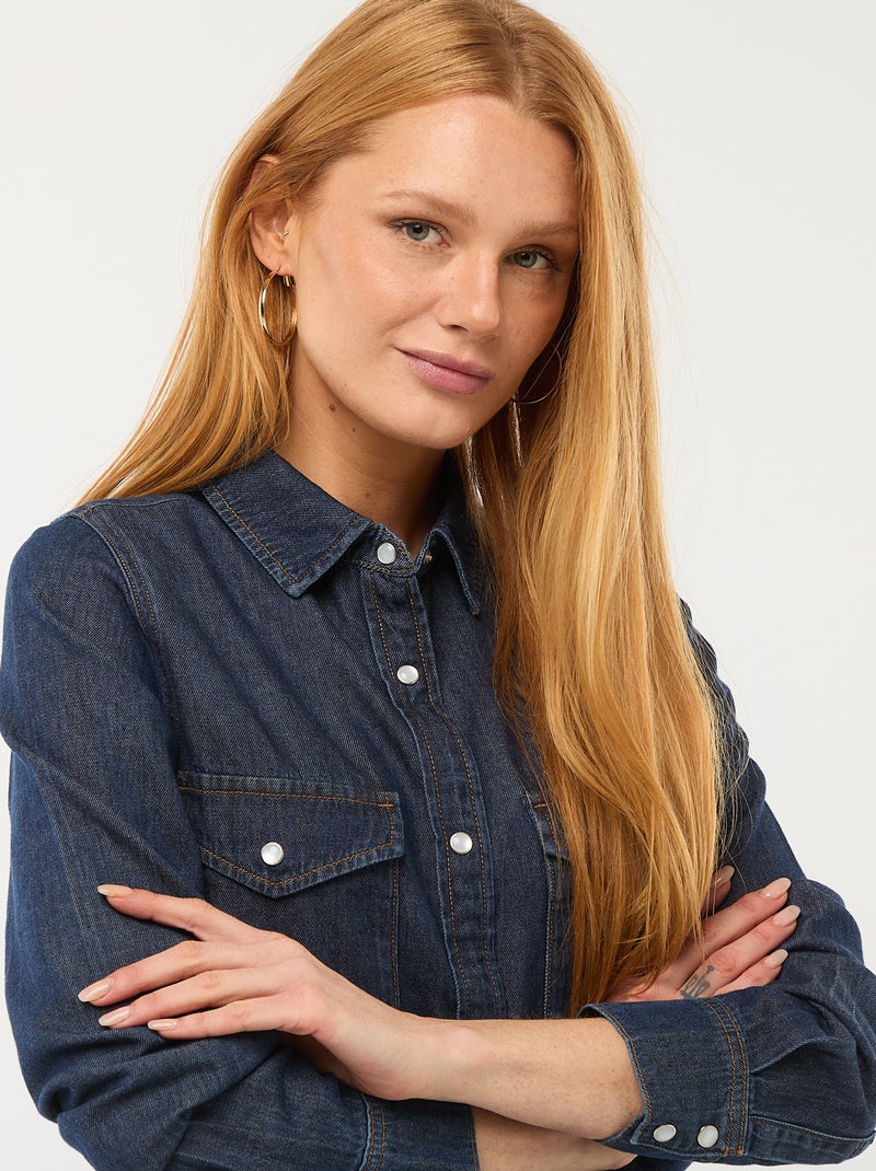 Spijkeroverhemd met 2 opgestikte borstzakjes met klepje Blauw - Kiabi