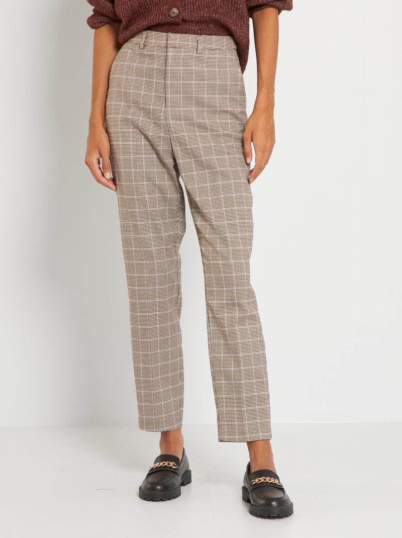 Straight-fit broek met pied-de-poulemotief BRUIN - Kiabi