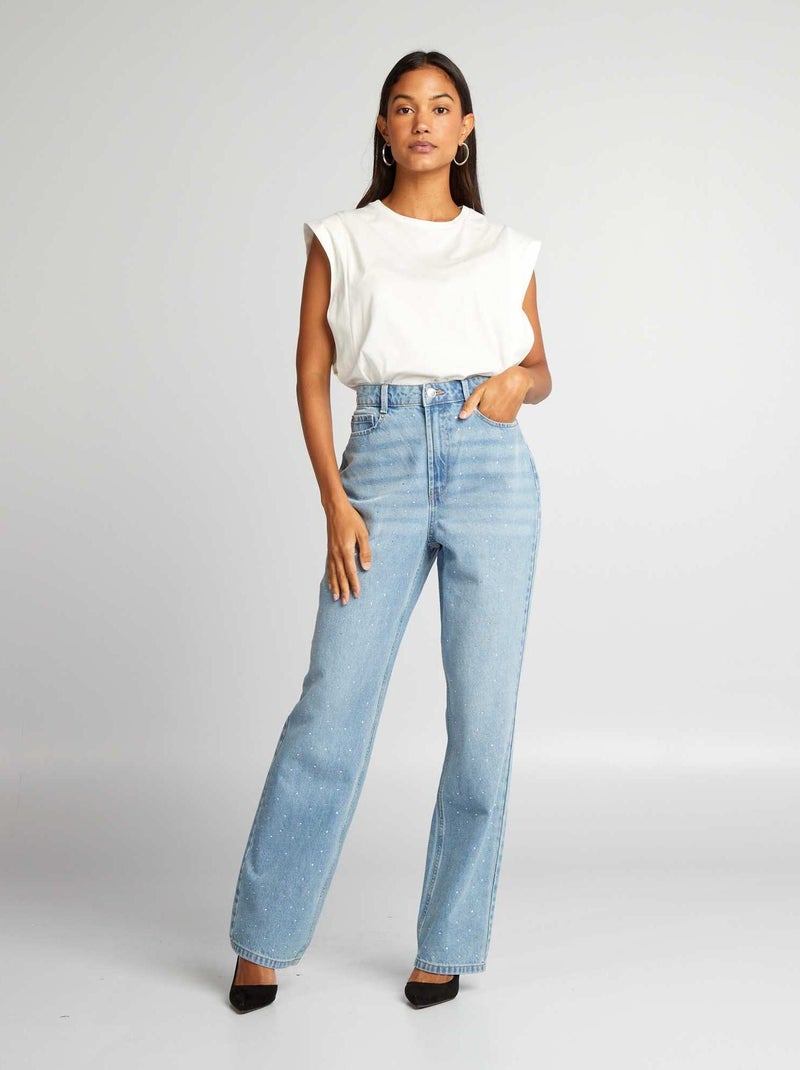 Straight-fit jeans met hoge taille en strass BLAUW - Kiabi