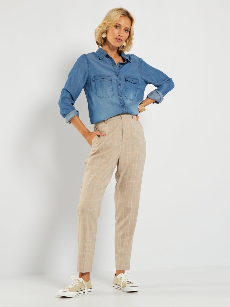 Strakke broek met Prince-de-Galles-motief BEIGE - Kiabi
