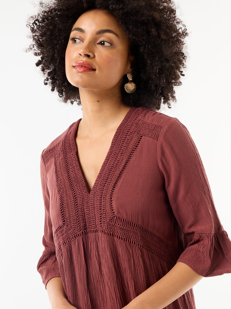 Strandjurk van crêpetricot en macramé Bruin - Kiabi