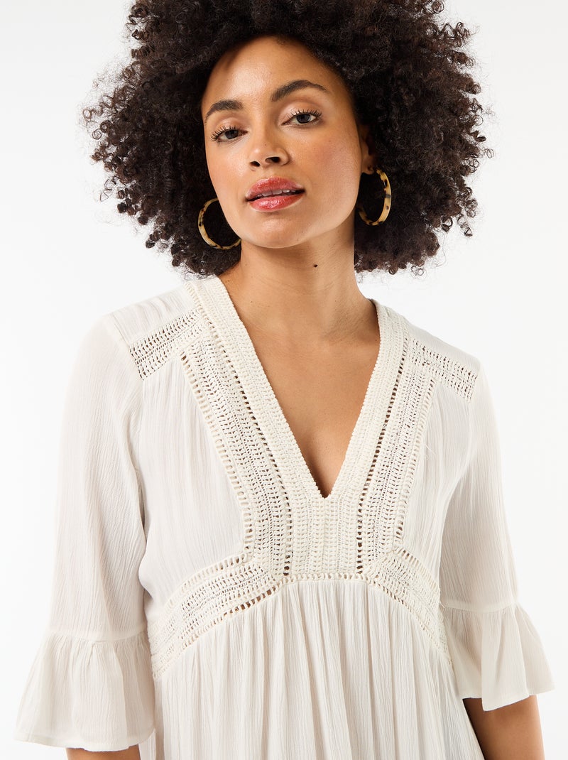 Strandjurk van crêpetricot en macramé Wit - Kiabi