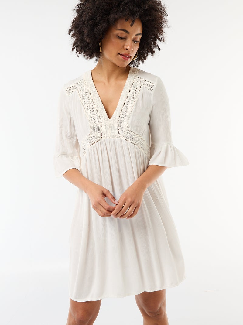Strandjurk van crêpetricot en macramé Wit - Kiabi