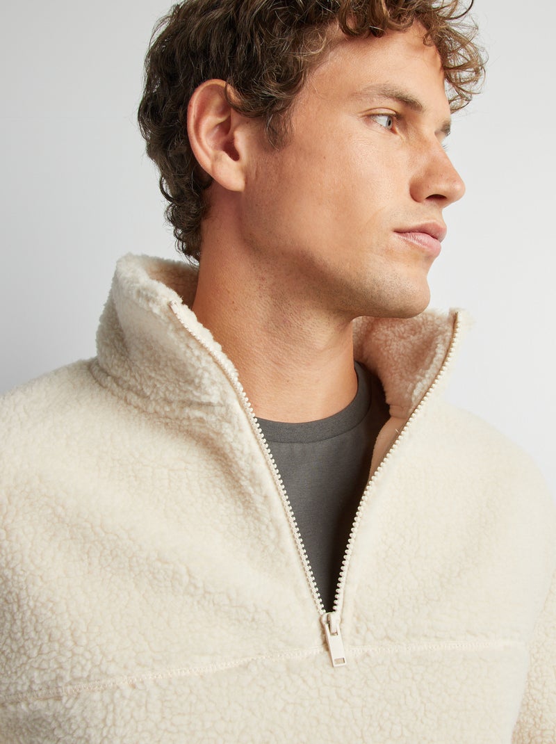 Sweater met schapenvachttextuur en ritsje aan de hals WIT - Kiabi