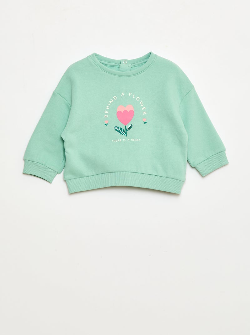 Sweater van geruwde joggingstof met ronde hals en print Groen - Kiabi