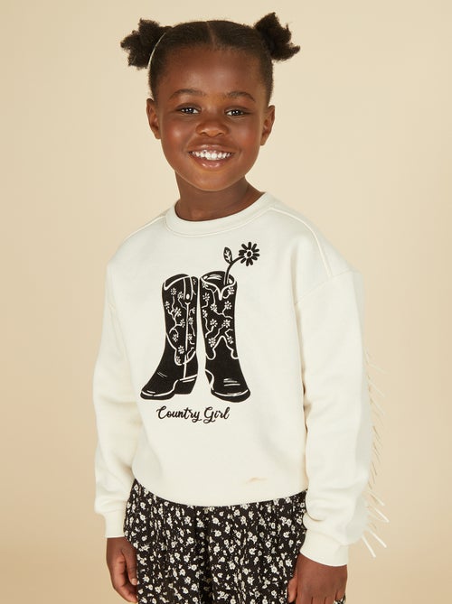 Sweater van joggingstof met borduursel en franjes op de mouwen - Kiabi