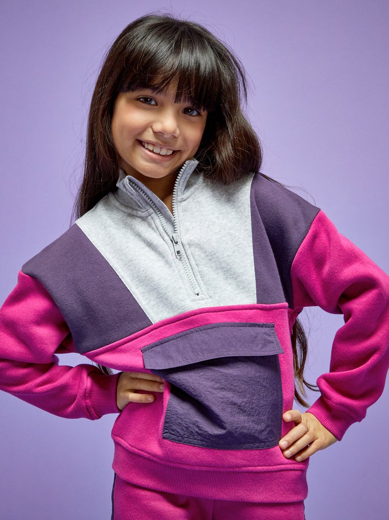 Sweater van joggingstof met colorblock-patroon fuchsia paars - Kiabi