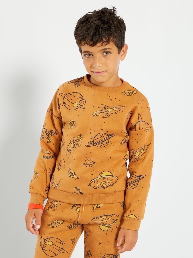 Sweater van joggingstof met fantasieprint BRUIN - Kiabi