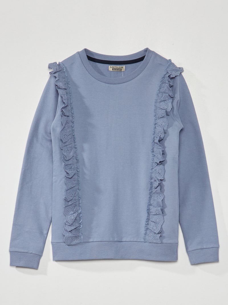 Sweater van joggingstof met geborduurde volants BLAUW - Kiabi
