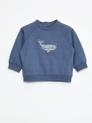 Sweater van joggingstof met print en drukknoopsluiting