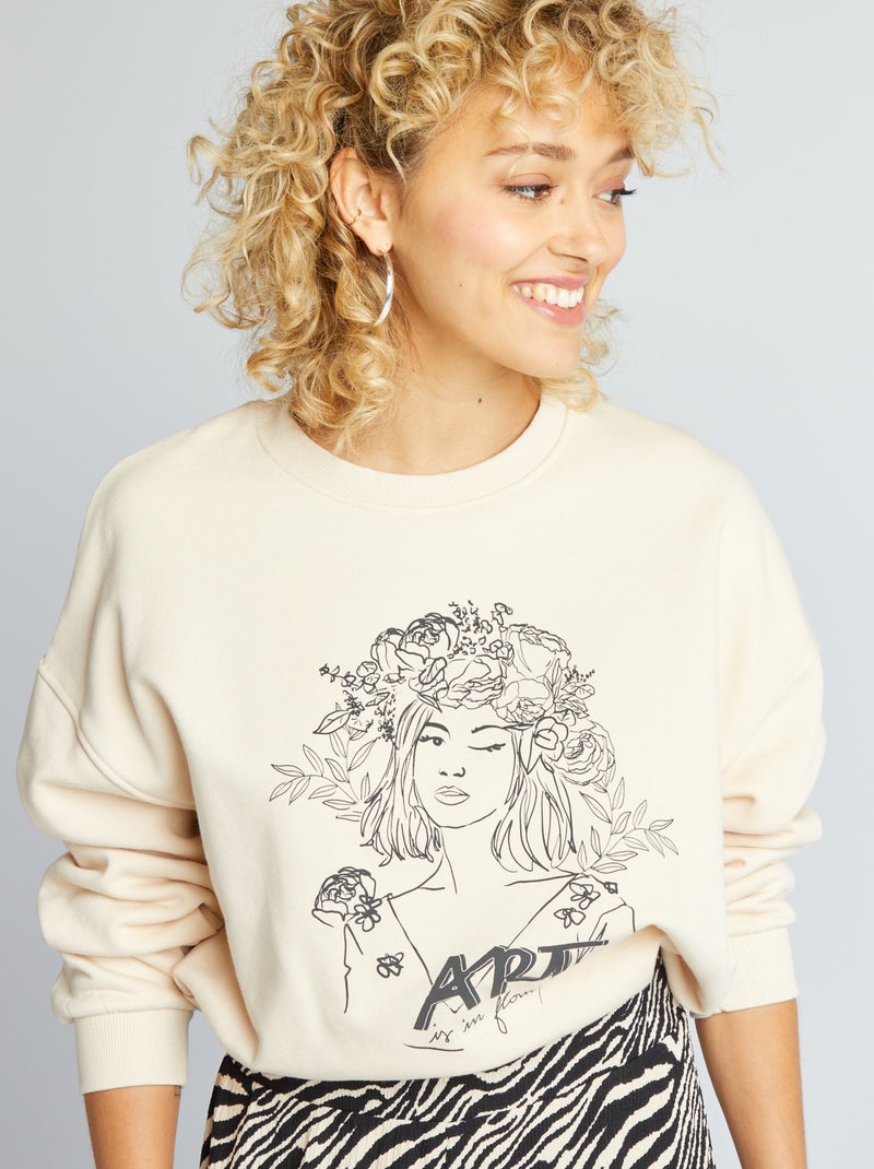 Sweater van joggingstof met print WIT - Kiabi