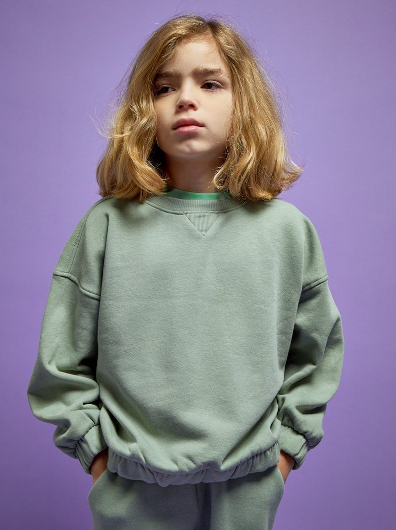 Sweater van joggingstof met ronde hals - Uniseks grijs groen - Kiabi