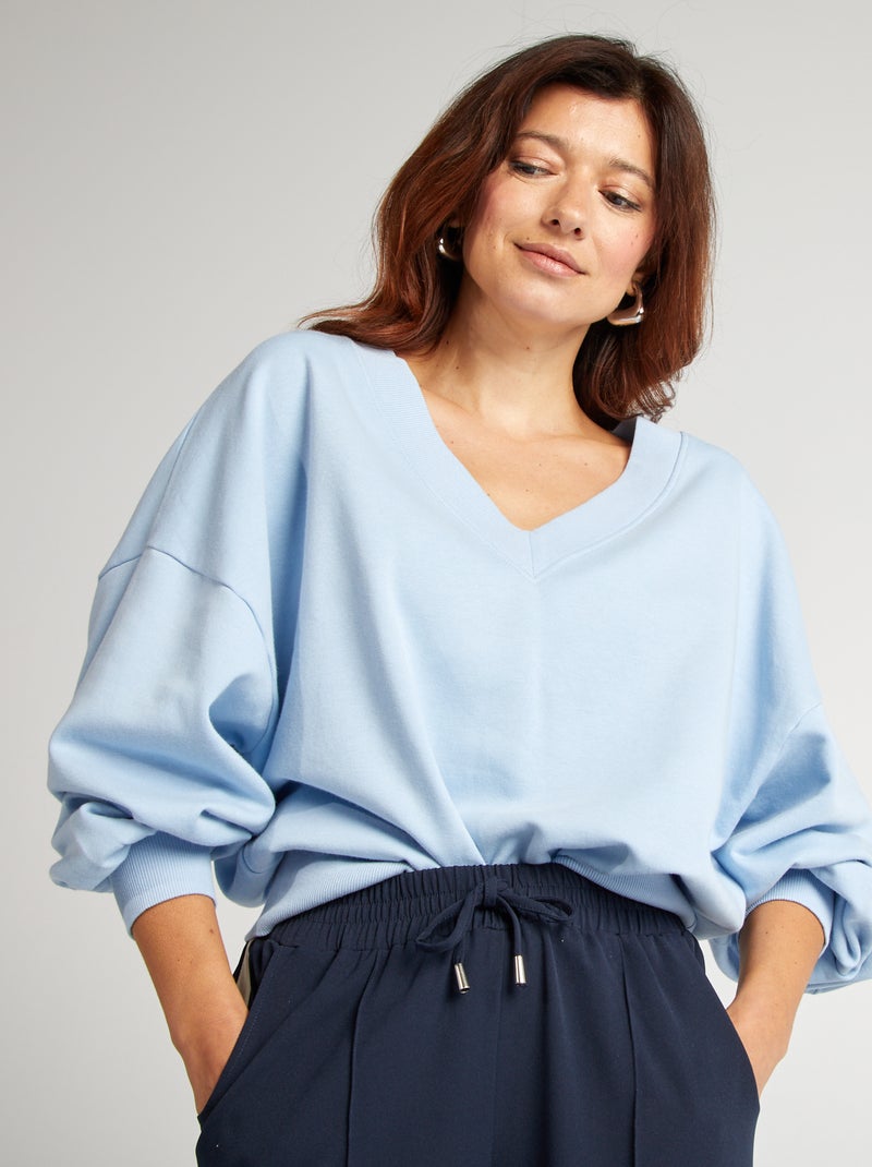 Sweater van joggingstof met V-hals BLAUW - Kiabi