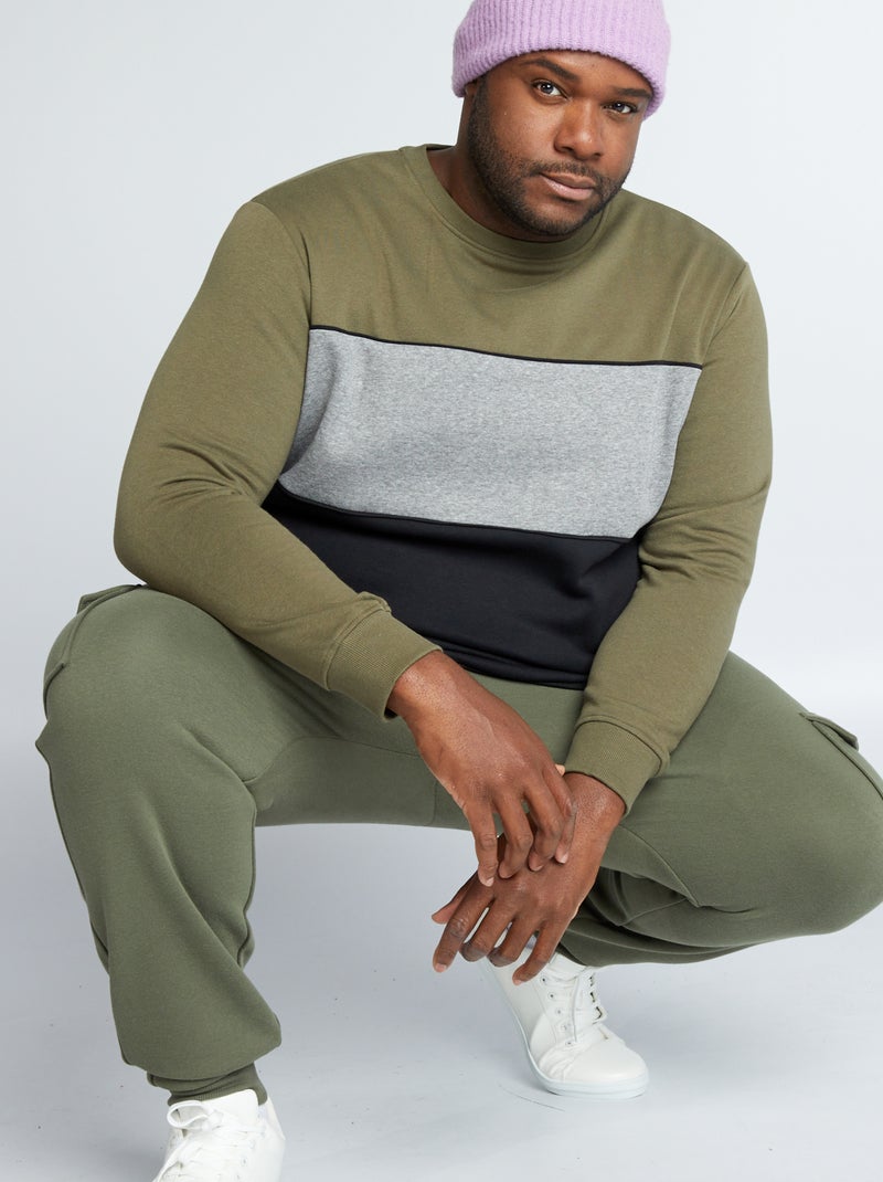 Sweater van zachte, geruwde joggingstof met colorblock KAKI - Kiabi