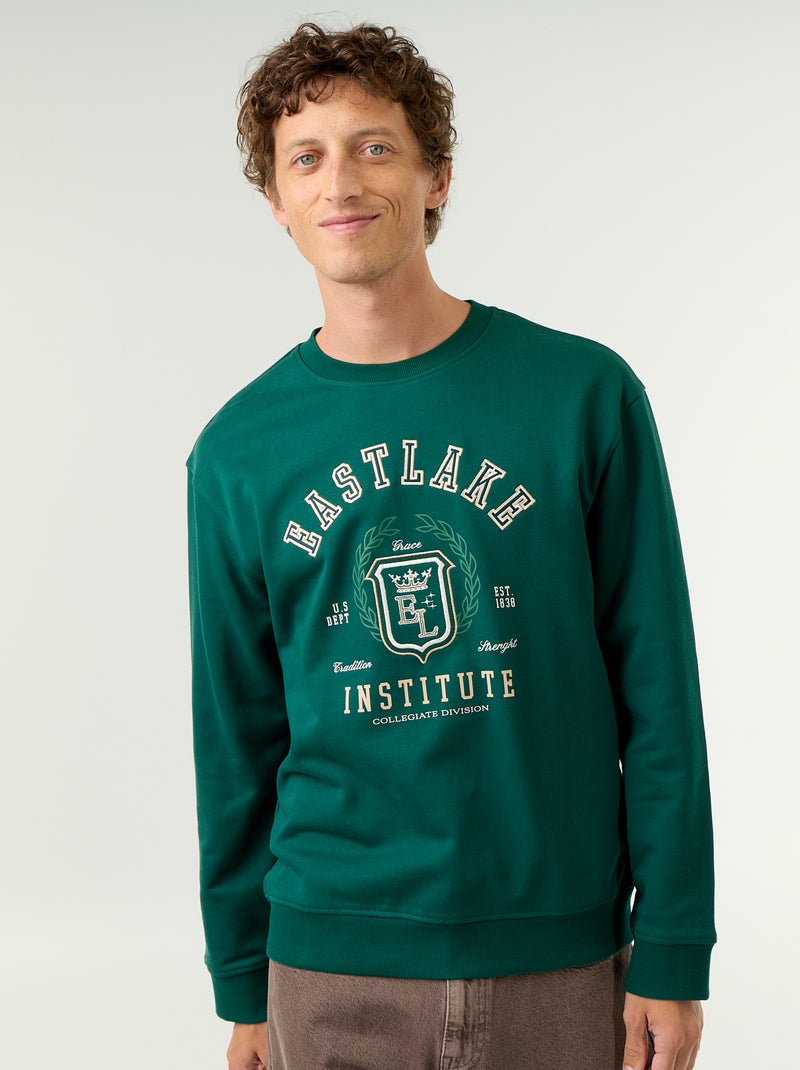 Sweatshirt met geborduurde opschriften in sportieve stijl Groen - Kiabi