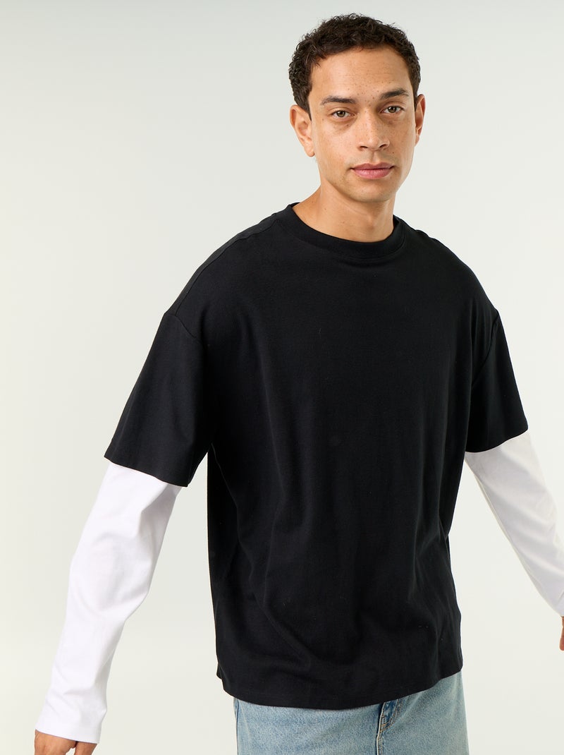 T-shirt met 2-in-1-effect en lange mouwen Zwart - Kiabi