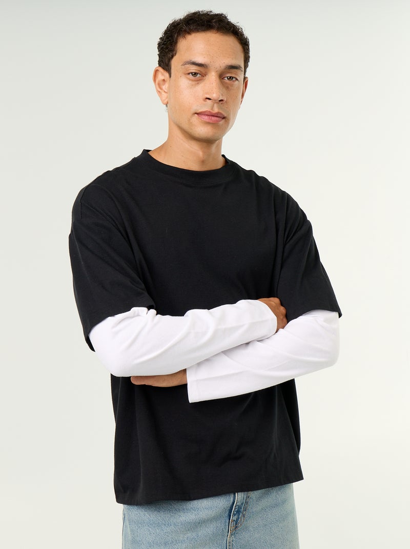 T-shirt met 2-in-1-effect en lange mouwen Zwart - Kiabi