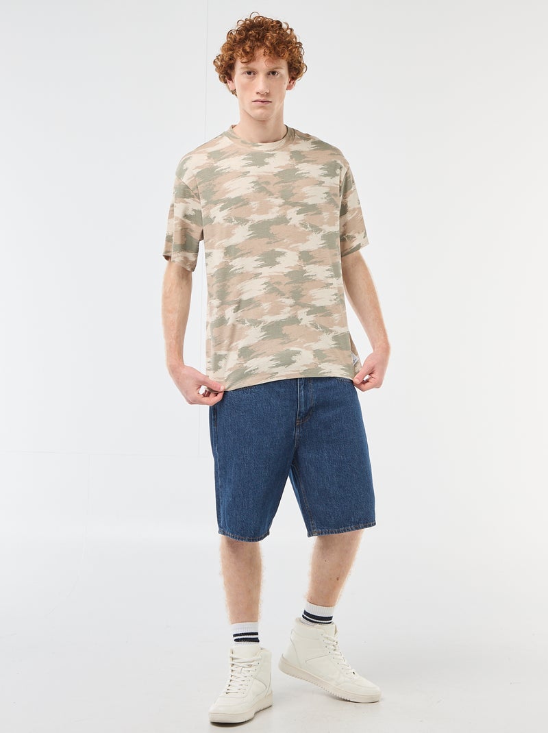 T-shirt met camouflageprint en ronde hals van katoen Groen - Kiabi