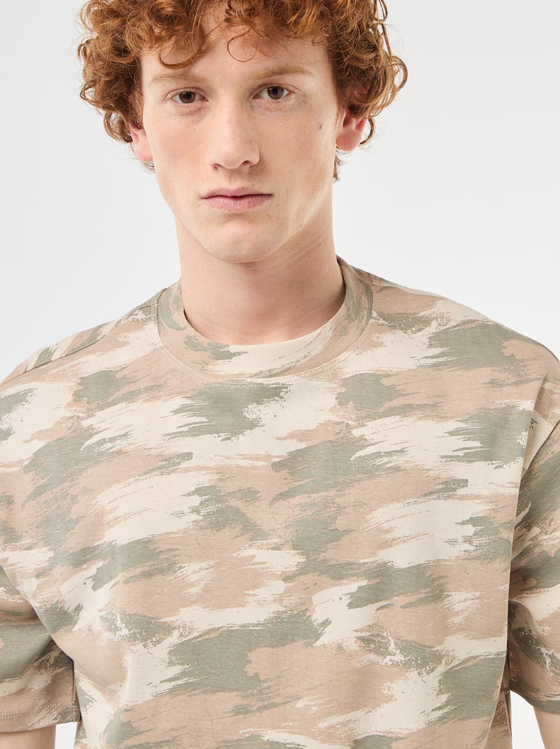 T-shirt met camouflageprint en ronde hals van katoen Groen - Kiabi