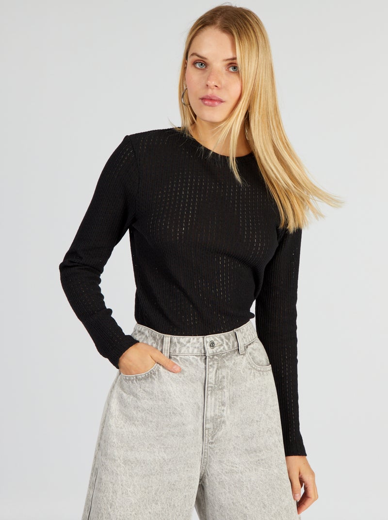 T-shirt met fijn ajourmotiefje en ronde hals zwart - Kiabi