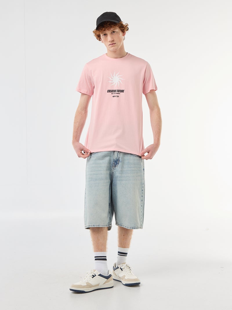 T-shirt met geplaatste print van effen katoen Rose - Kiabi