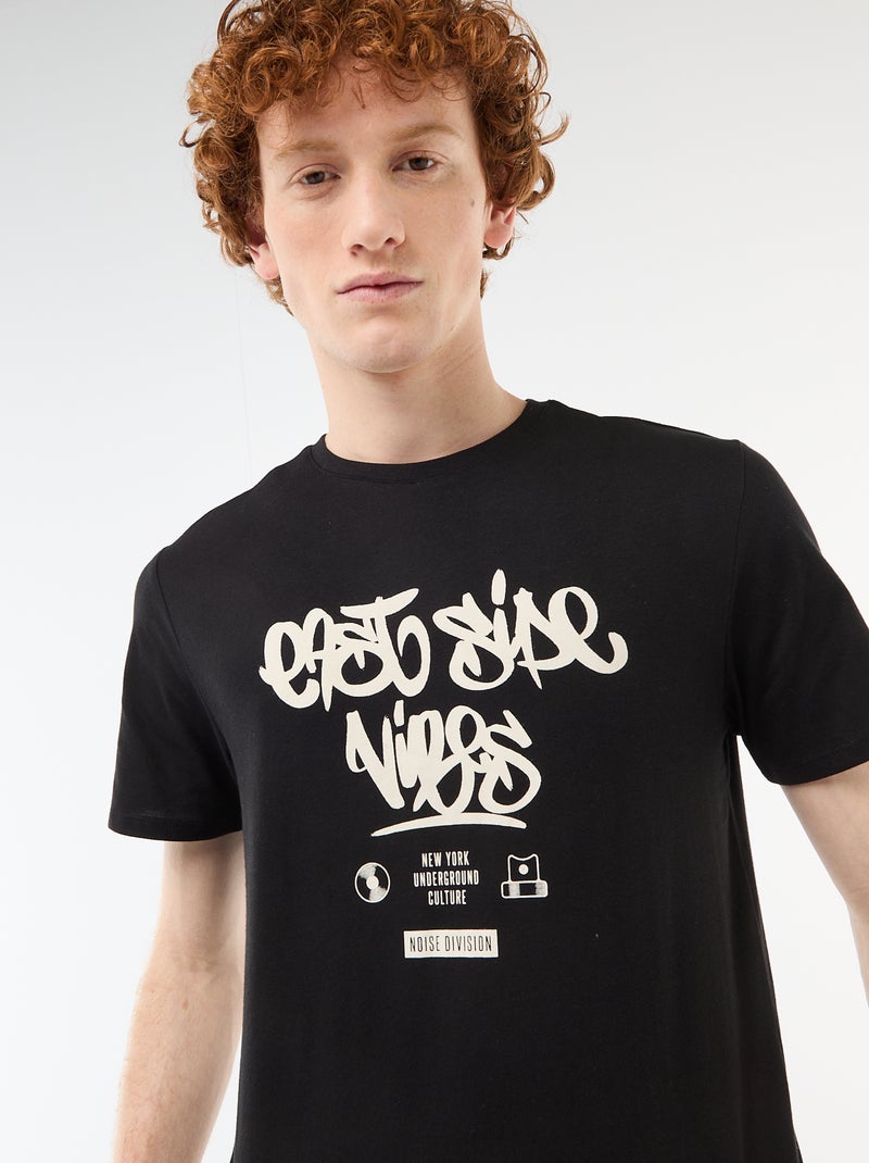 T-shirt met geplaatste print van effen katoen Zwart - Kiabi