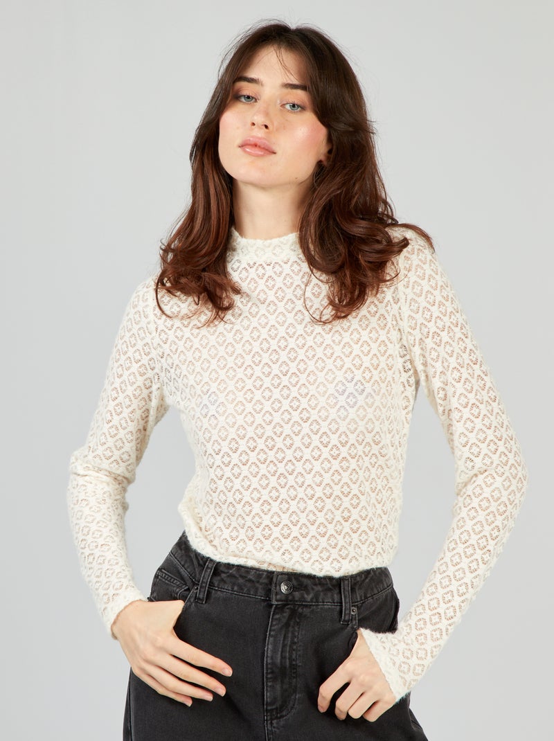 T-shirt met kant en lange mouw WIT - Kiabi