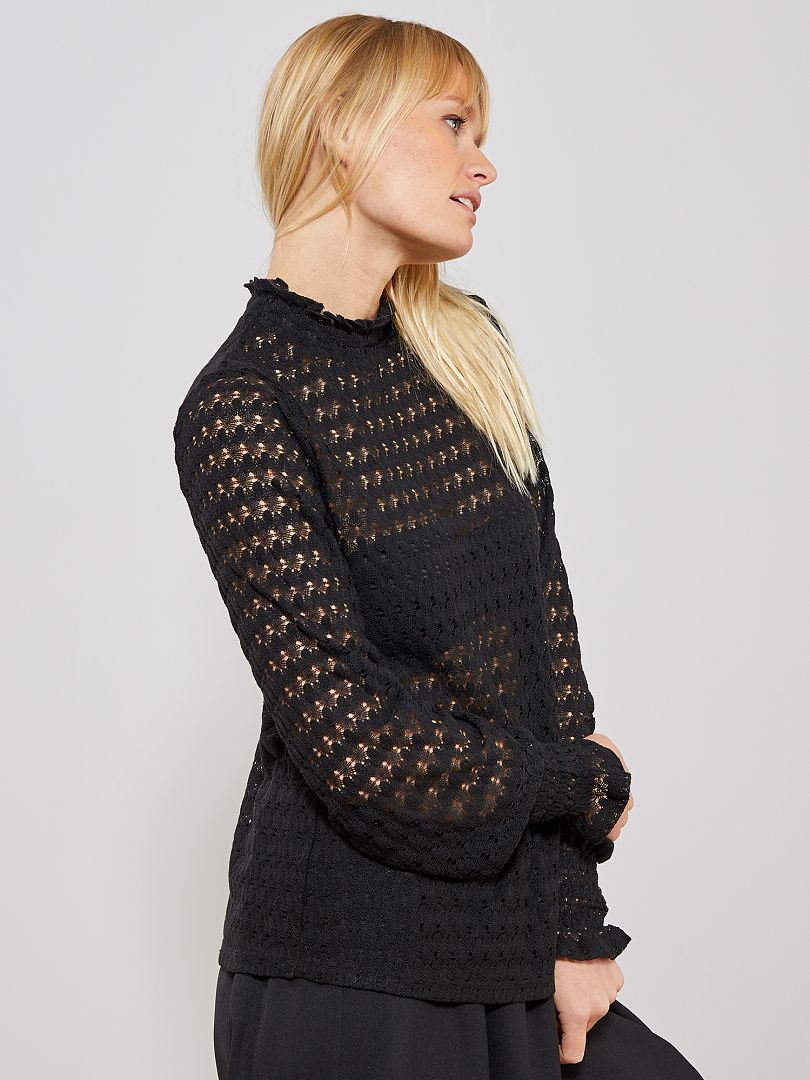 GORGLITTER Dames kanten top elegant lange mouwen T-shirt met kant slim